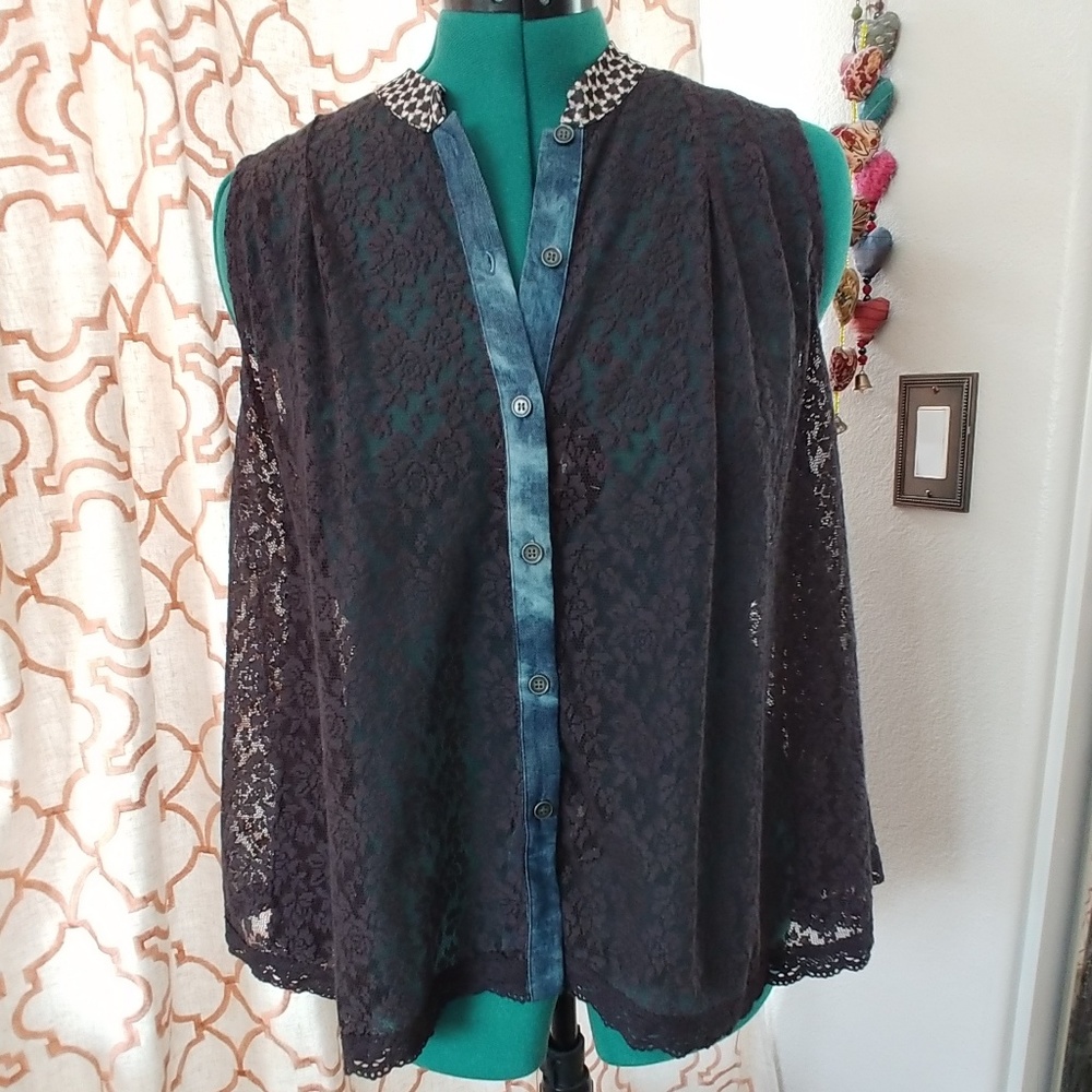 🌵FREE PEOPLE black lace mixed media top GOTH